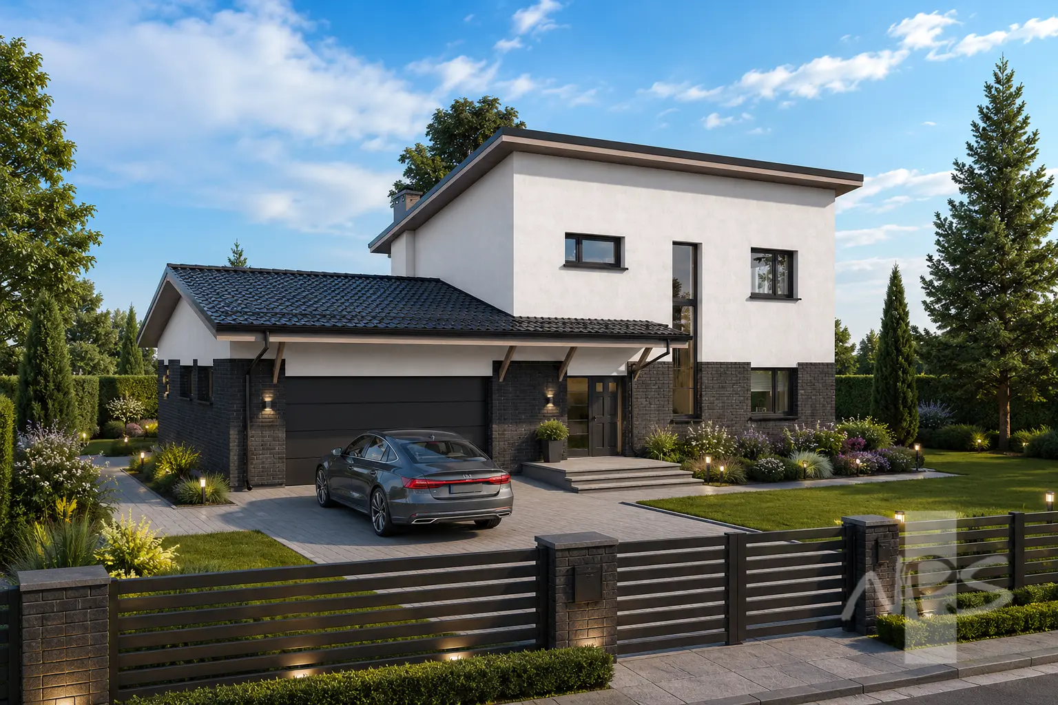Namo projektas 180 m²: 2 aukštų, 3 Miegamieji, Darbo kambarys, 2 Vonios, Atvira virtuvė, Garažas