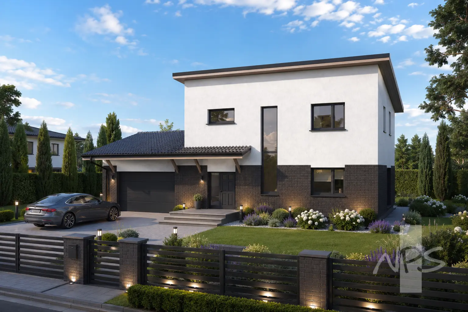 Namo projektas 180 m²: 2 aukštų, 3 Miegamieji, Darbo kambarys, 2 Vonios, Atvira virtuvė, Garažas