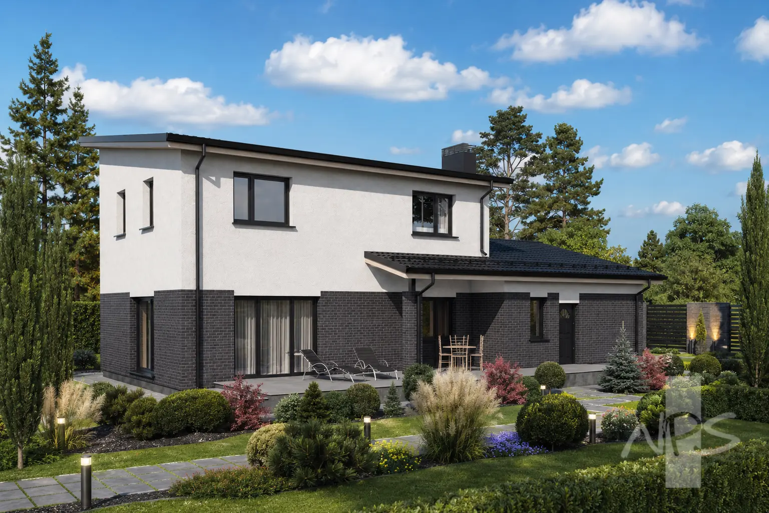 Namo projektas 180 m²: 2 aukštų, 3 Miegamieji, Darbo kambarys, 2 Vonios, Atvira virtuvė, Garažas