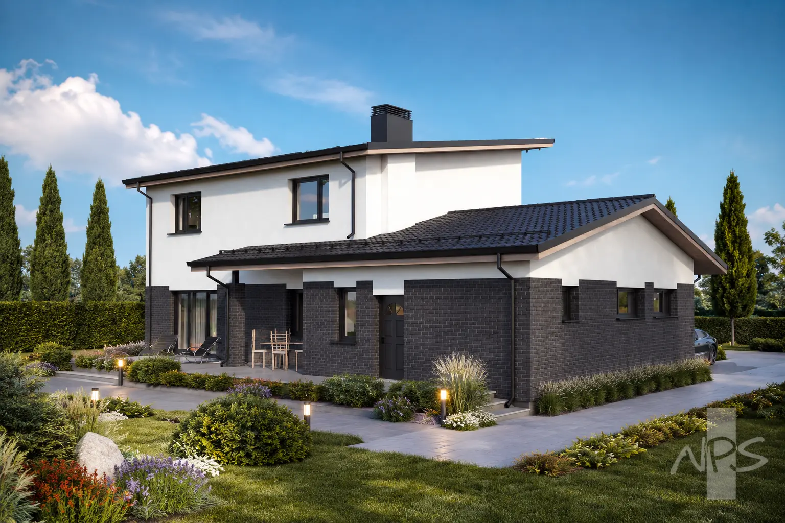 Namo projektas 180 m²: 2 aukštų, 3 Miegamieji, Darbo kambarys, 2 Vonios, Atvira virtuvė, Garažas