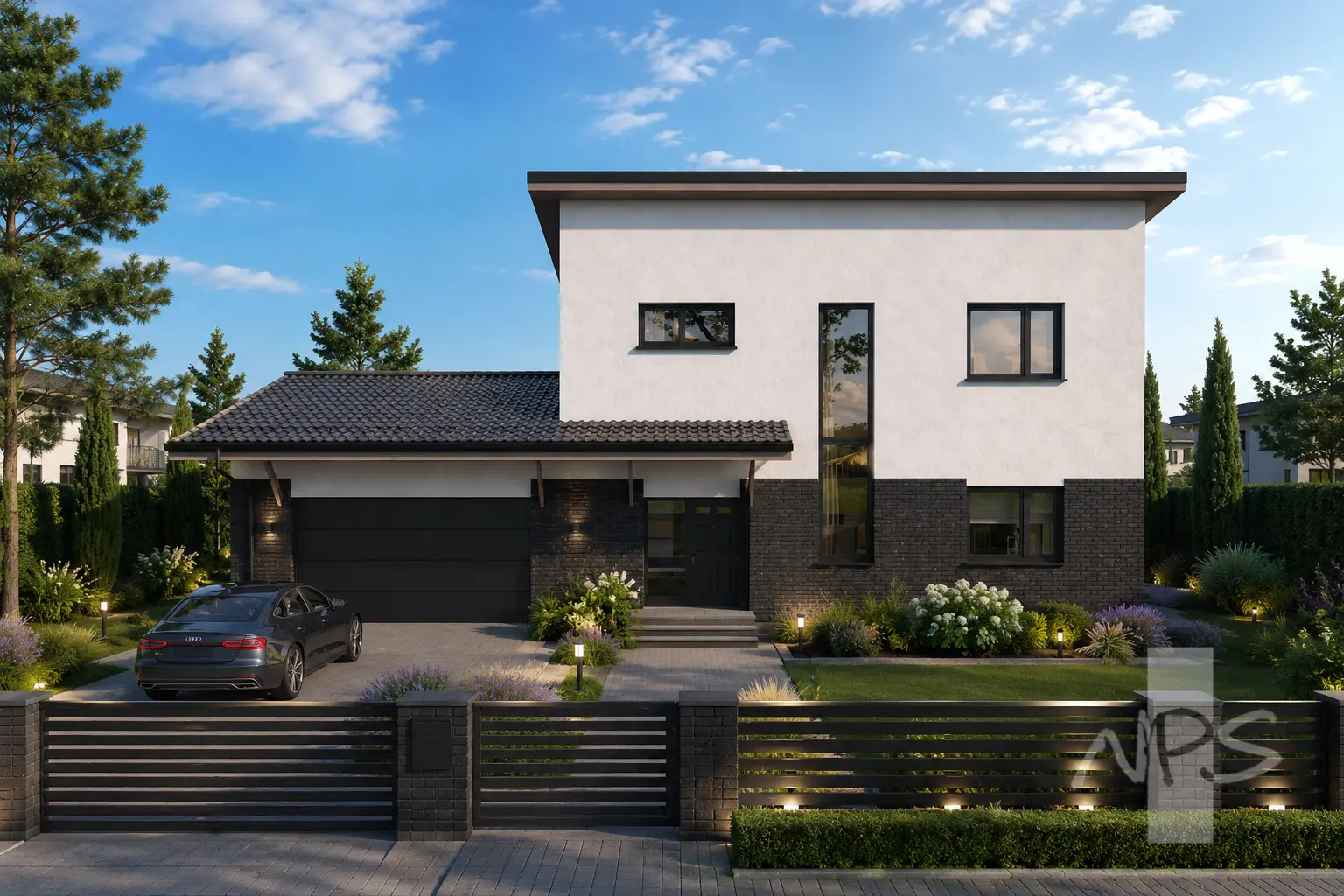 Namo projektas 180 m²: 2 aukštų, 3 Miegamieji, Darbo kambarys, 2 Vonios, Atvira virtuvė, Garažas