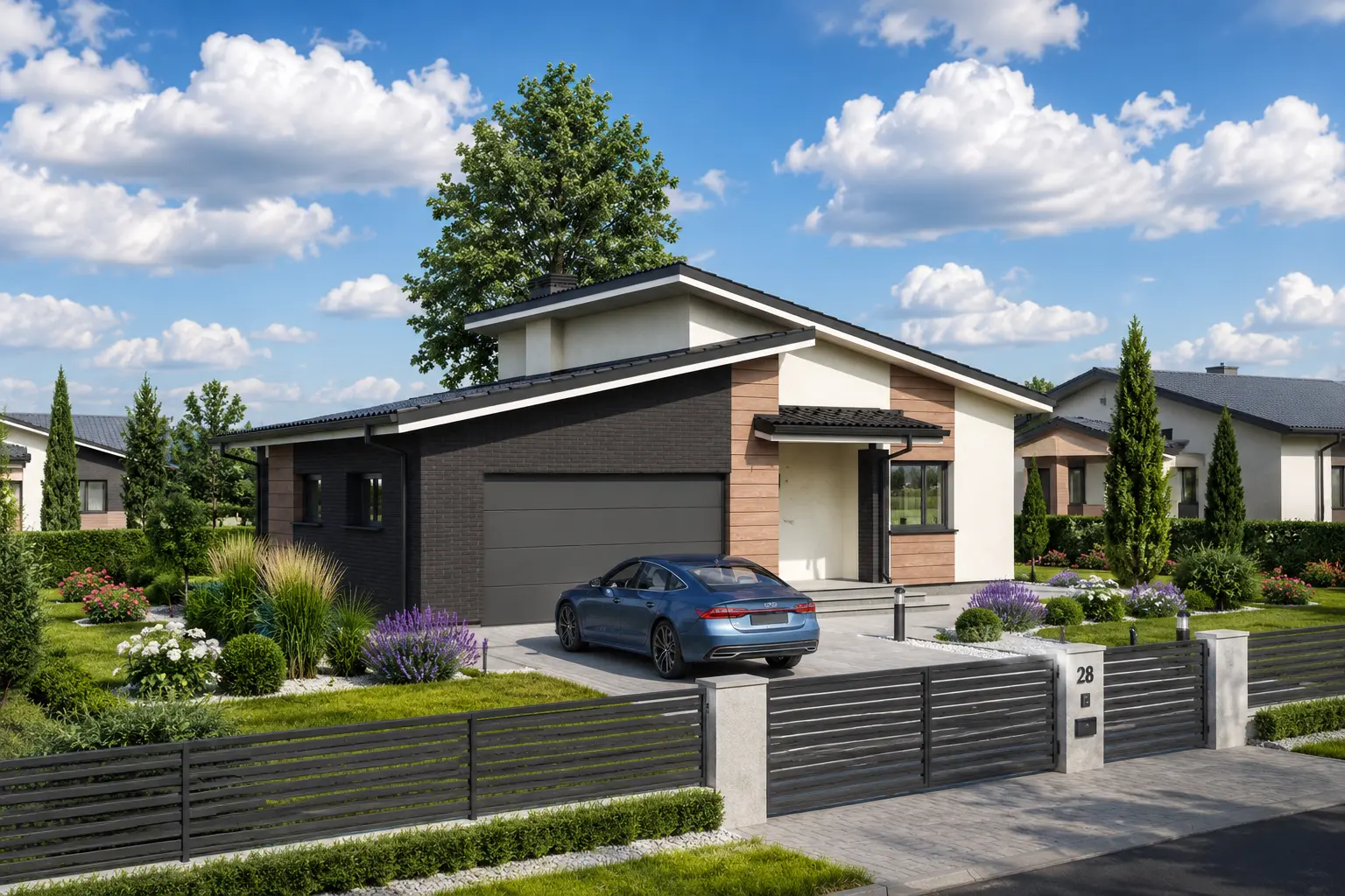 Namo projektas 161 m²: Aukšto, 3 Miegamieji, 1 Vonios, Atvira virtuvė, Garažas