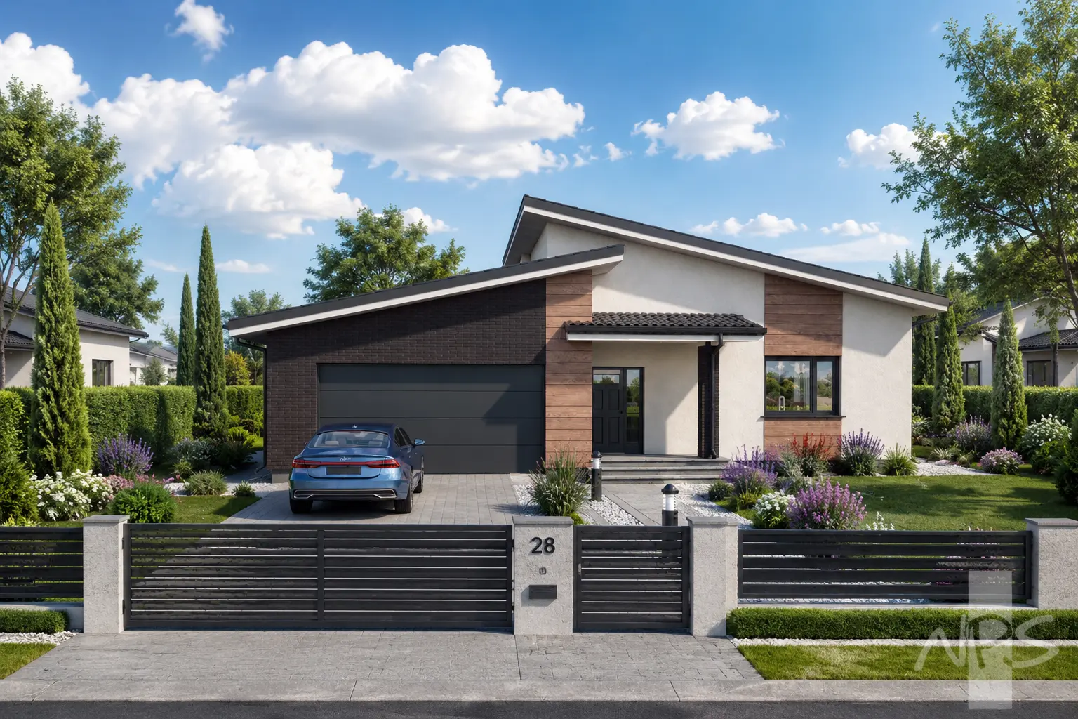 Namo projektas 161 m²: Aukšto, 3 Miegamieji, 1 Vonios, Atvira virtuvė, Garažas