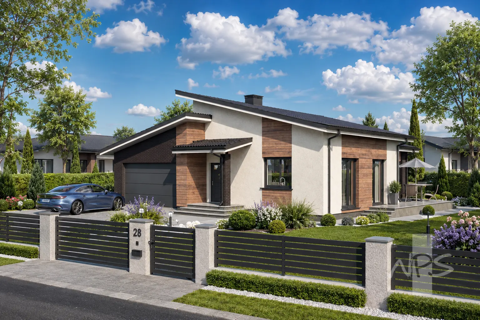 Namo projektas 161 m²: Aukšto, 3 Miegamieji, 1 Vonios, Atvira virtuvė, Garažas