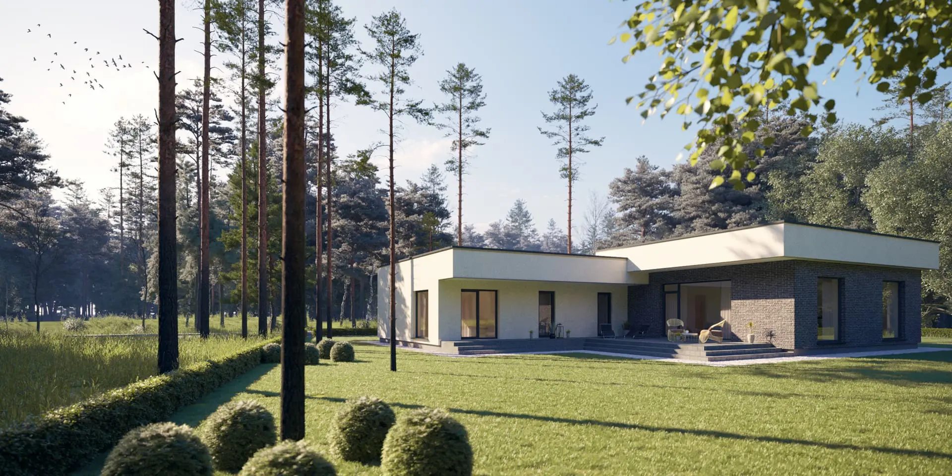 Vieno aukšto namo projektas 216 m²: 3 Miegamieji, Darbo kambarys, 2 Vonios, Atvira virtuvė, Garažas