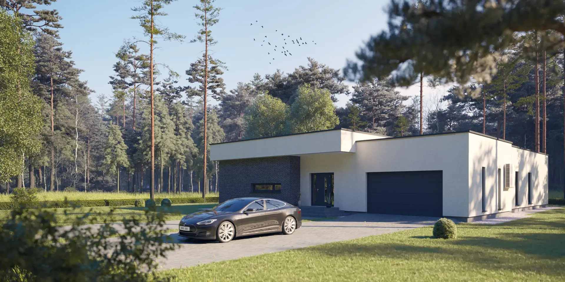 Vieno aukšto namo projektas 216 m²: 3 Miegamieji, Darbo kambarys, 2 Vonios, Atvira virtuvė, Garažas