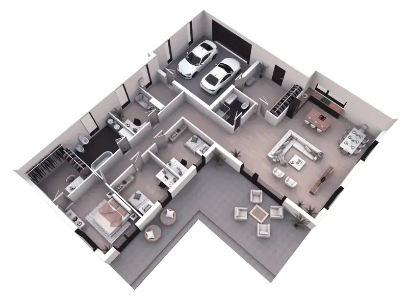 Vieno aukšto namo projektas 216 m²: 3 Miegamieji, Darbo kambarys, 2 Vonios, Atvira virtuvė, Garažas