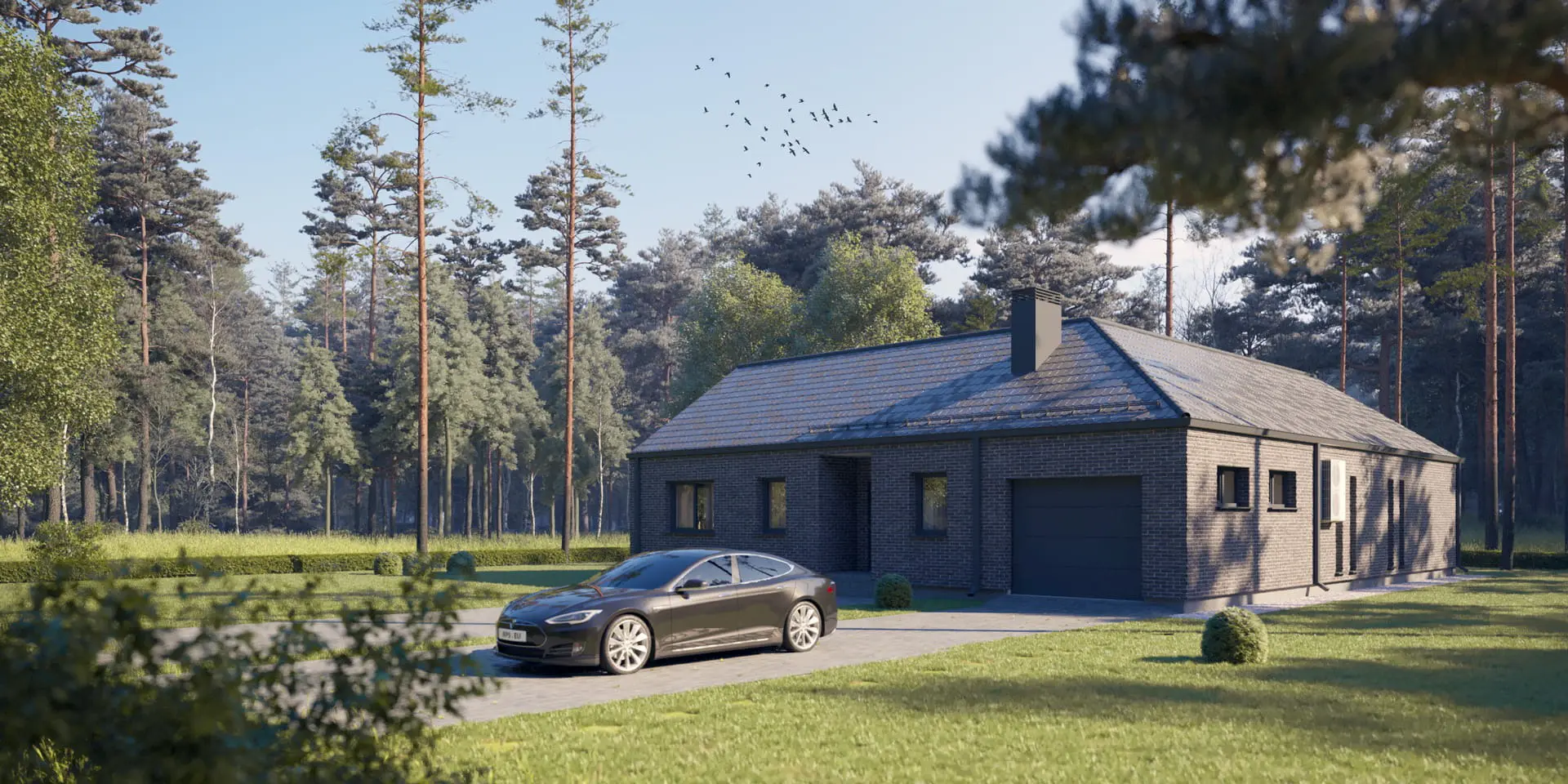 Vieno aukšto namo projektas 165 m²: 3 Miegamieji, 1 Vonios, Atvira virtuvė, Garažas