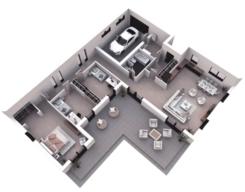 Vieno aukšto namo projektas 165 m²: 3 Miegamieji, 1 Vonios, Atvira virtuvė, Garažas