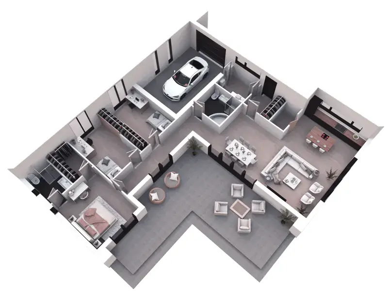 Vieno aukšto namo projektas 153 m²: 3 Miegamieji, 2 Vonios, Atvira virtuvė, Garažas