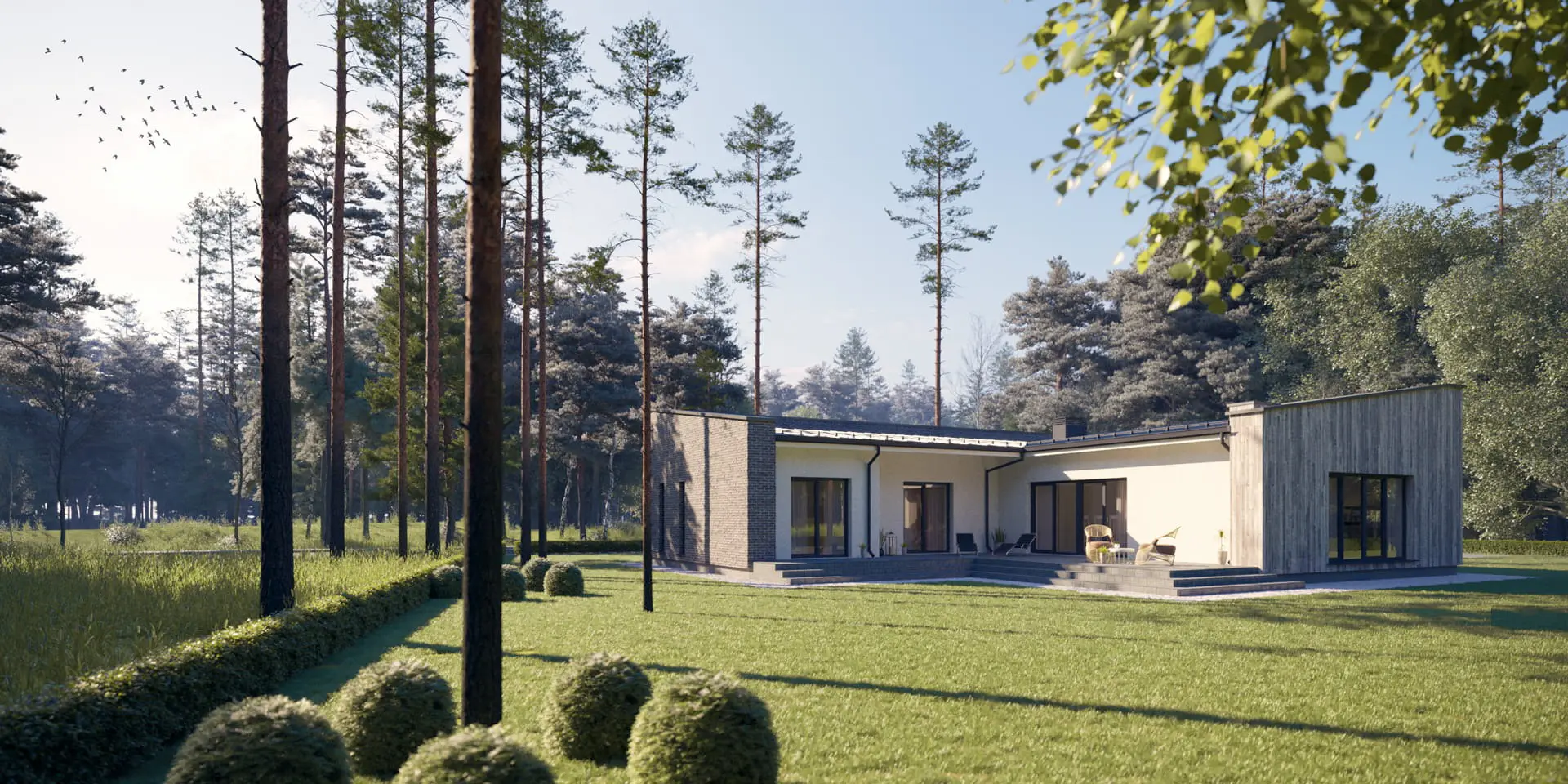 Vieno aukšto namo projektas 153 m²: 3 Miegamieji, 2 Vonios, Atvira virtuvė, Garažas