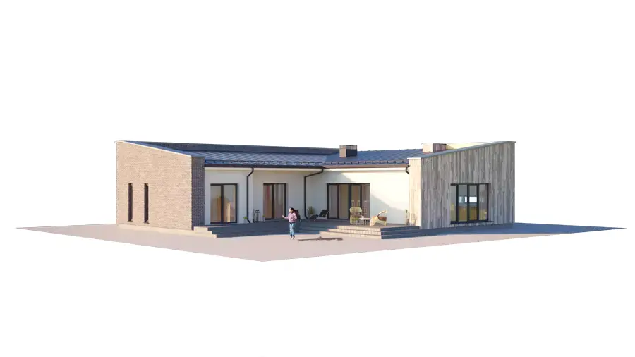 Vieno aukšto namo projektas 153 m²: 3 Miegamieji, 2 Vonios, Atvira virtuvė, Garažas