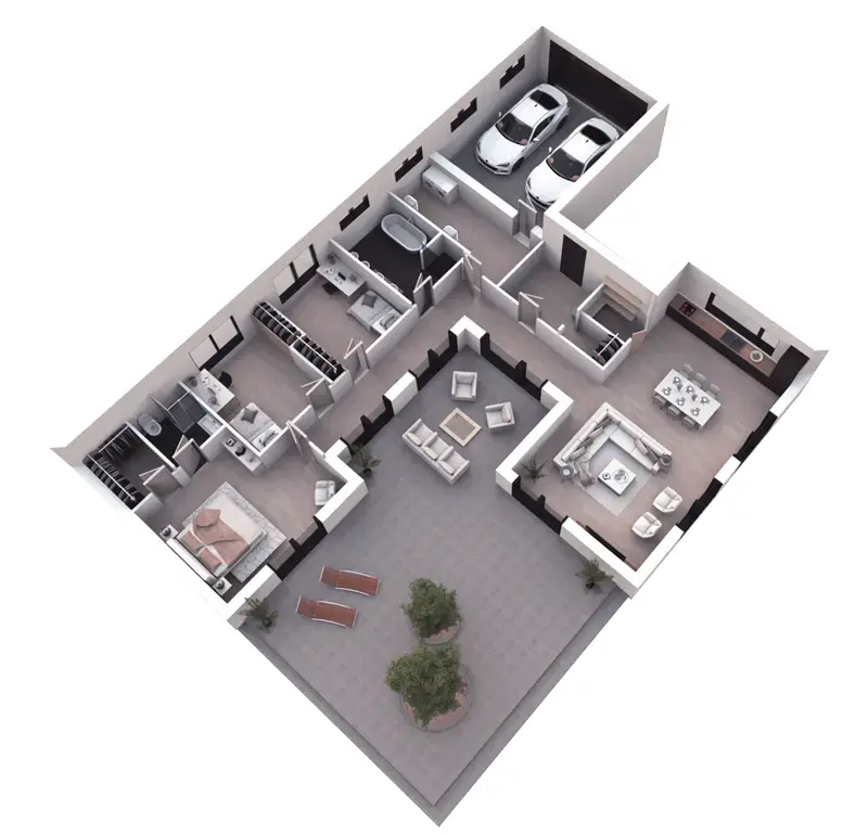 Vieno aukšto namo projektas 184 m²: 3 Miegamieji, 2 Vonios, Atvira virtuvė, Garažas