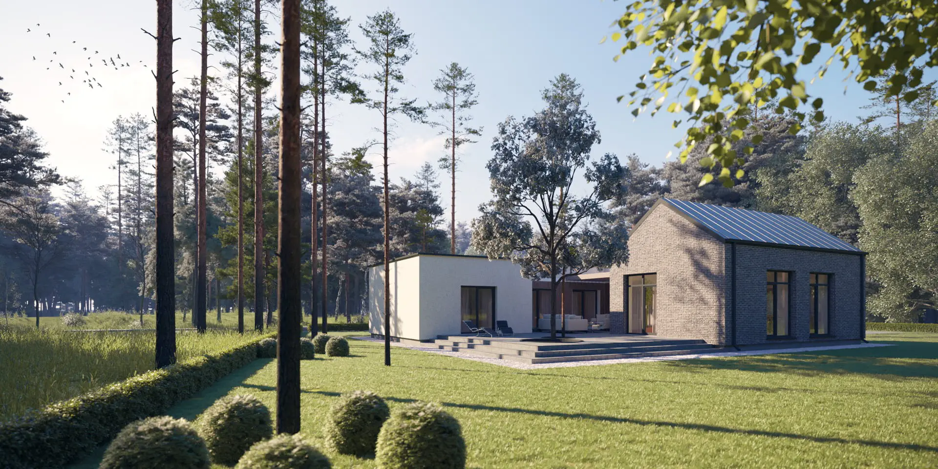 Vieno aukšto namo projektas 184 m²: 3 Miegamieji, 2 Vonios, Atvira virtuvė, Garažas