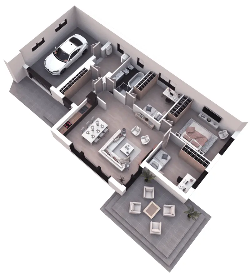 Vieno aukšto namo projektas 138 m²: 3 Miegamieji, 1 Vonios, Atvira virtuvė, Garažas
