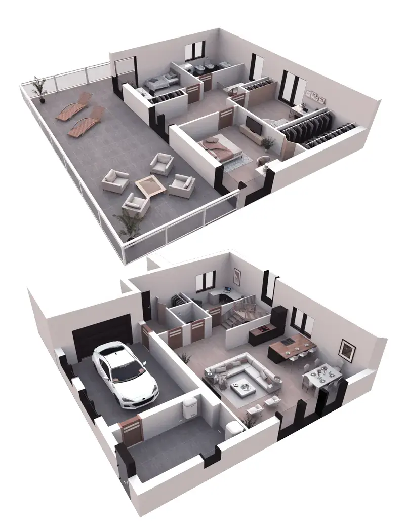 Dviejų aukštų namo projektas 167 m²: 3 Miegamieji, Darbo kambarys, 2 Vonios, Atvira virtuvė, Garažas