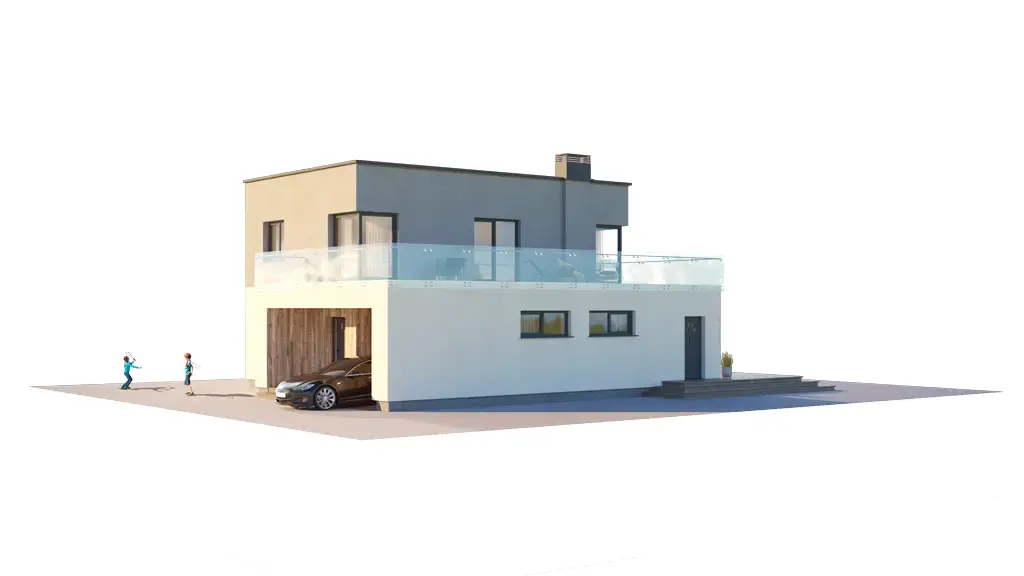 Dviejų aukštų namo projektas 167 m²: 3 Miegamieji, Darbo kambarys, 2 Vonios, Atvira virtuvė, Garažas