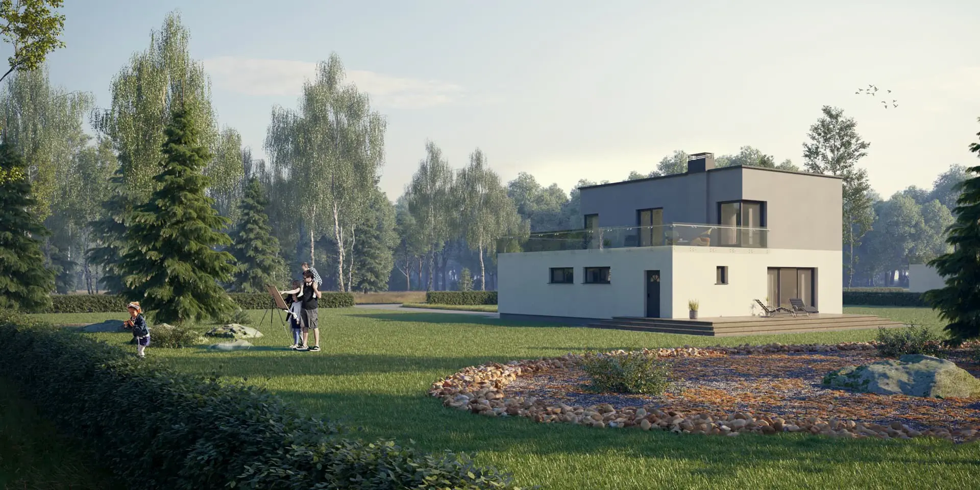 Dviejų aukštų namo projektas 167 m²: 3 Miegamieji, Darbo kambarys, 2 Vonios, Atvira virtuvė, Garažas