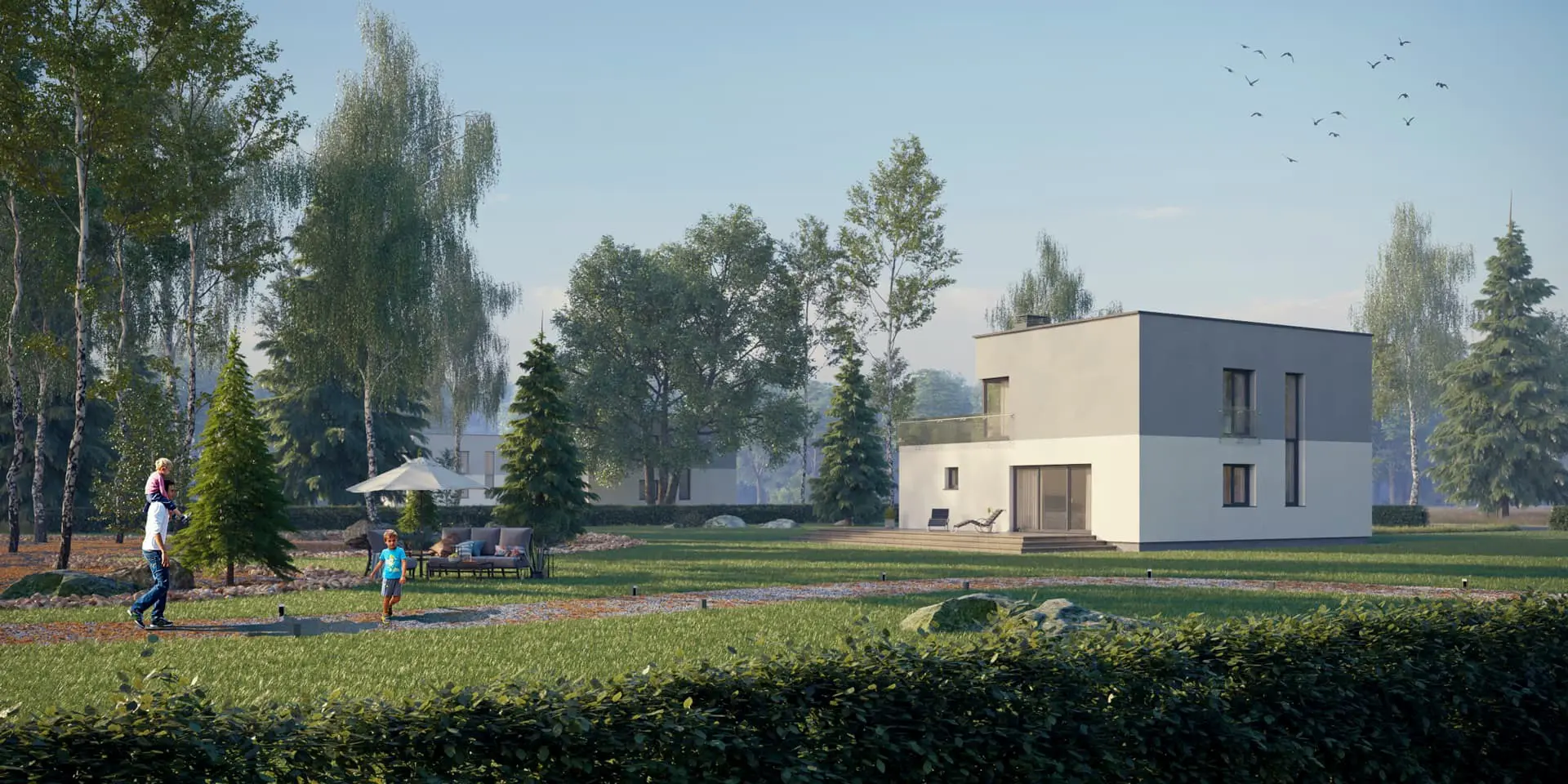 Dviejų aukštų namo projektas 167 m²: 3 Miegamieji, Darbo kambarys, 2 Vonios, Atvira virtuvė, Garažas