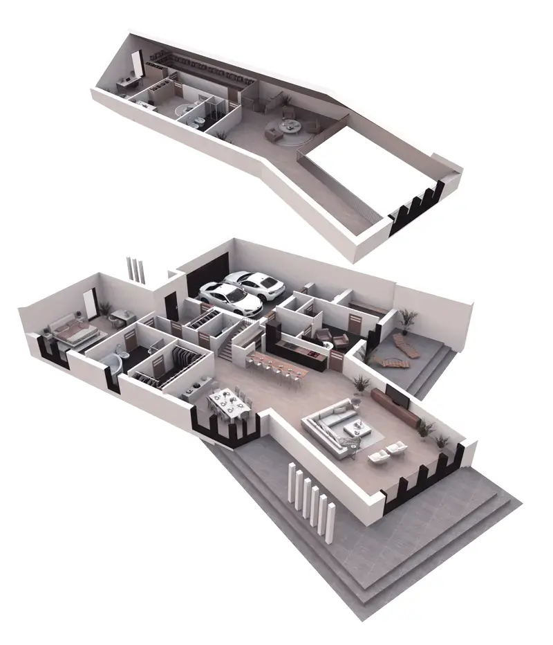 Namo projektas su mansarda 303 m²: 3 Miegamieji, 4 Vonios, Atvira virtuvė, Garažas