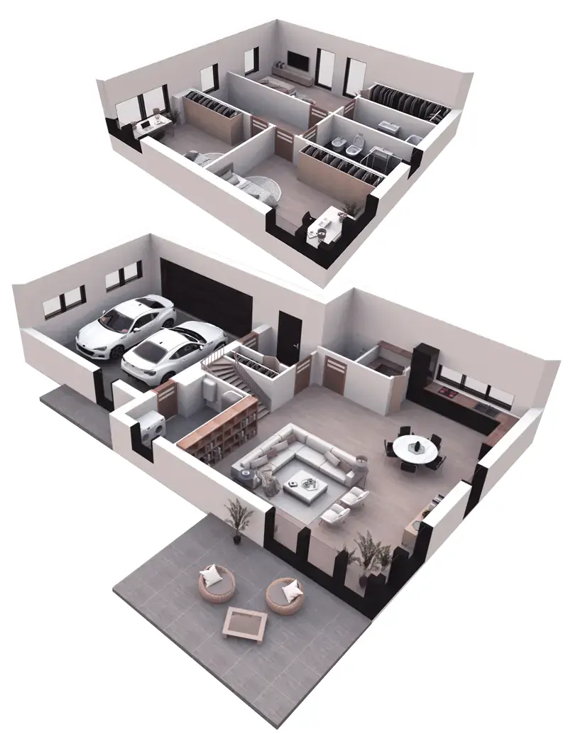 Dviejų aukštų namo projektas 178 m²: 3 Miegamieji, 3 Vonios, Atvira virtuvė, Garažas