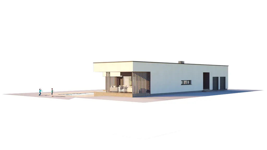 Vieno aukšto namo projektas 199 m²: 3 Miegamieji, Darbo kambarys, 2 Vonios, Atvira virtuvė, Garažas