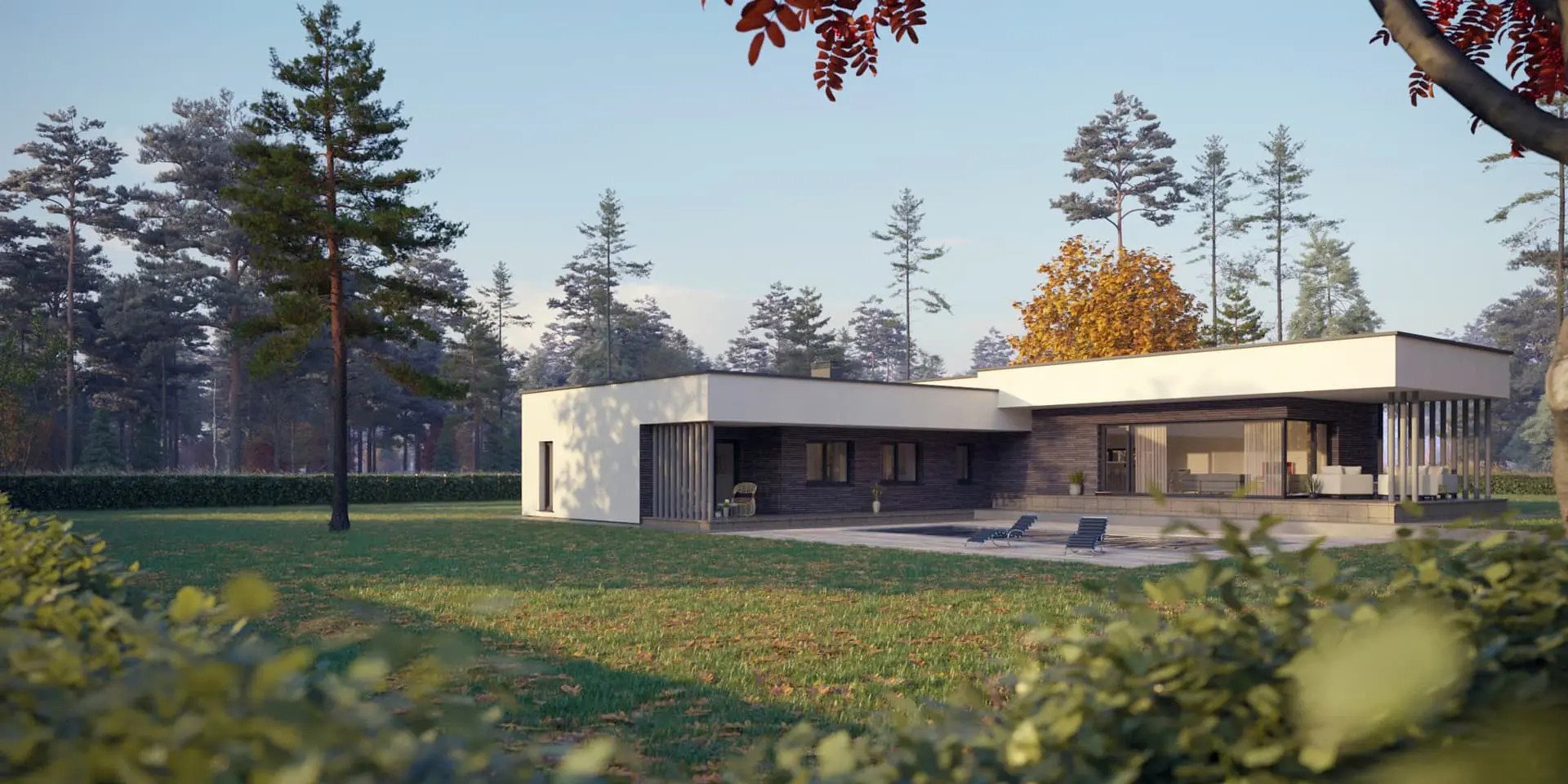 Vieno aukšto namo projektas 199 m²: 3 Miegamieji, Darbo kambarys, 2 Vonios, Atvira virtuvė, Garažas