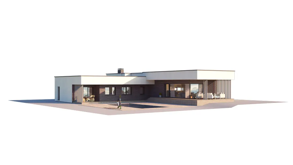 Vieno aukšto namo projektas 199 m²: 3 Miegamieji, Darbo kambarys, 2 Vonios, Atvira virtuvė, Garažas