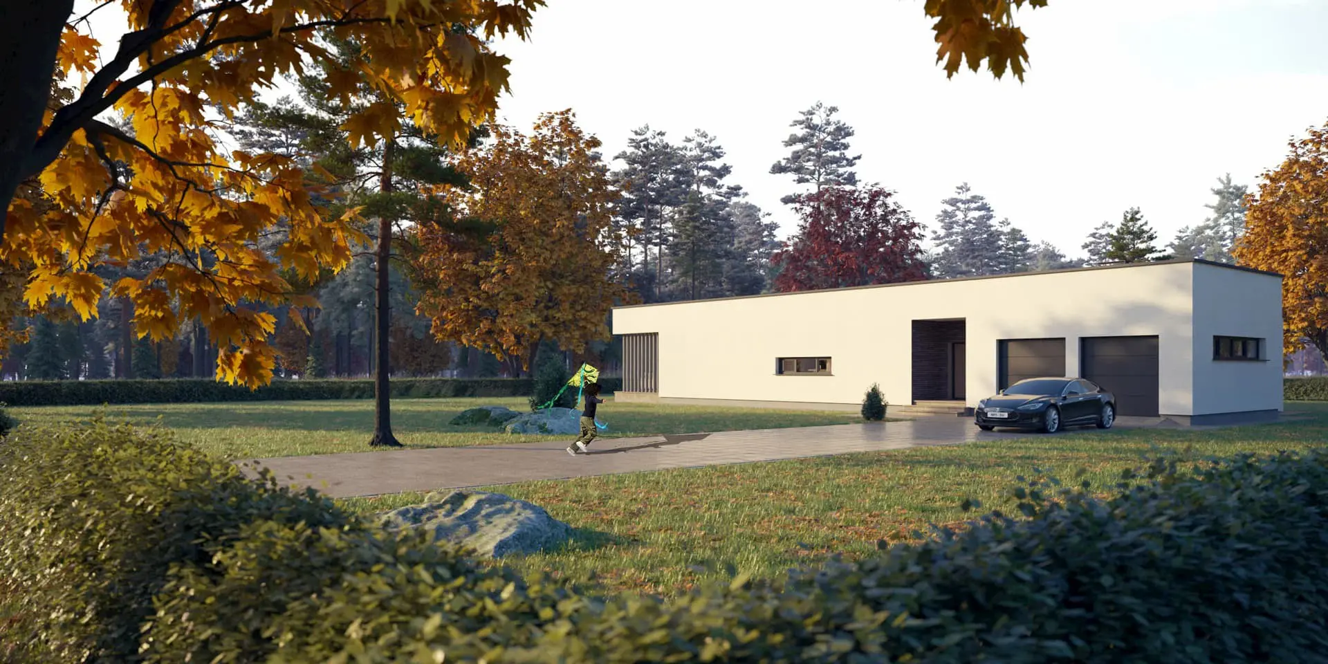 Vieno aukšto namo projektas 199 m²: 3 Miegamieji, Darbo kambarys, 2 Vonios, Atvira virtuvė, Garažas