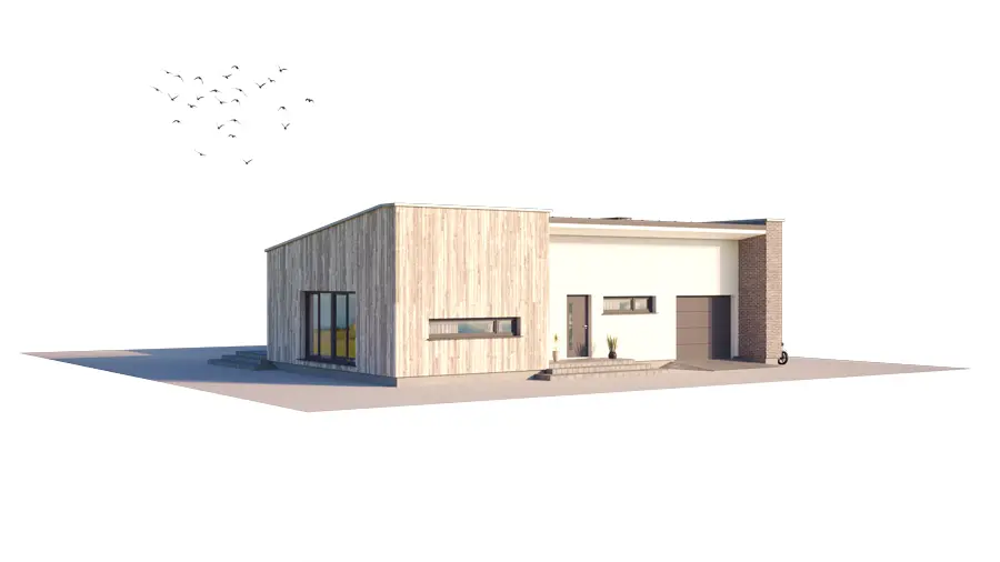 Vieno aukšto namo projektas 121 m²: 3 Miegamieji, 2 Vonios, Atvira virtuvė, be Garažo
