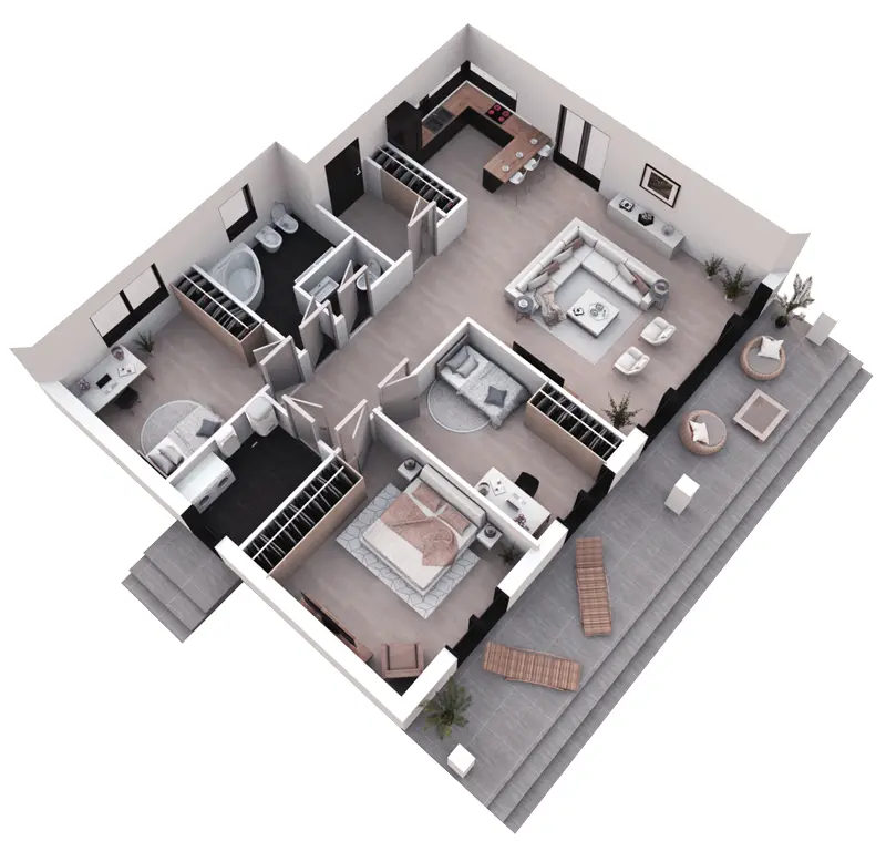 Vieno aukšto namo projektas 121 m²: 3 Miegamieji, 2 Vonios, Atvira virtuvė, be Garažo