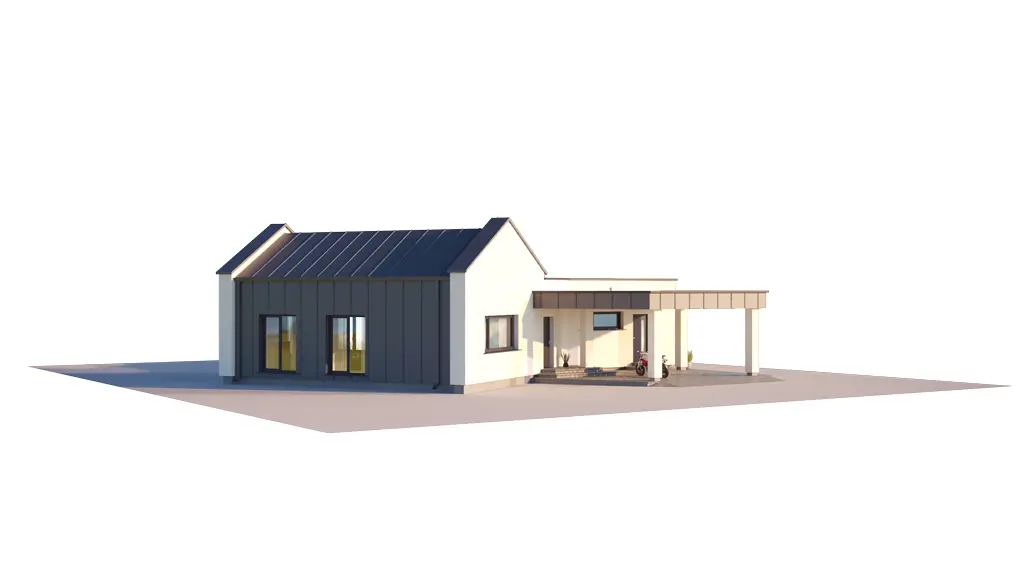 Vieno aukšto namo projektas 150 m²: 3 Miegamieji, 1 Vonios, Atvira virtuvė, be Garažo