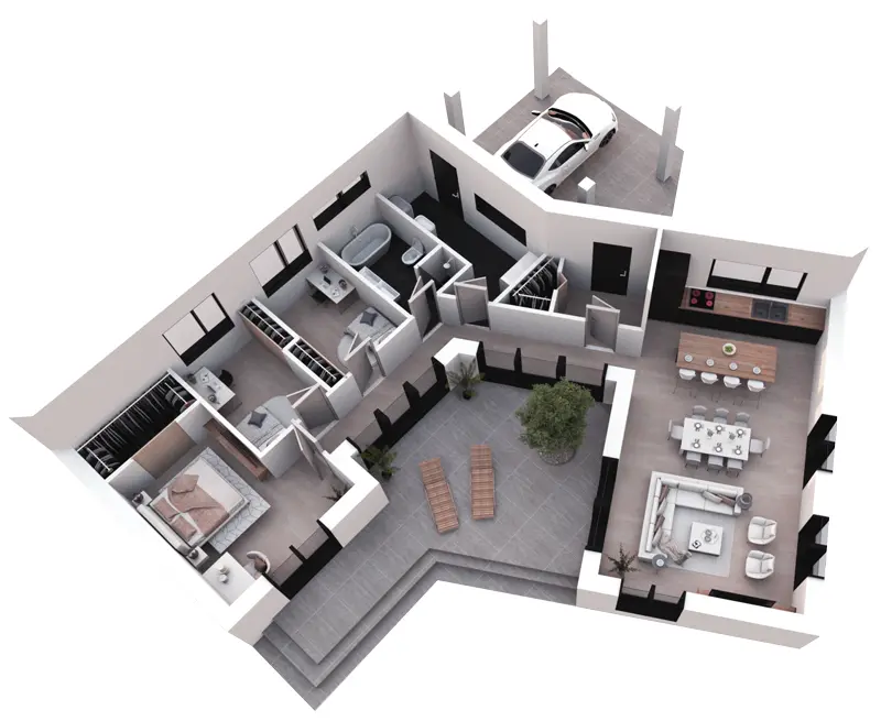 Vieno aukšto namo projektas 150 m²: 3 Miegamieji, 1 Vonios, Atvira virtuvė, be Garažo