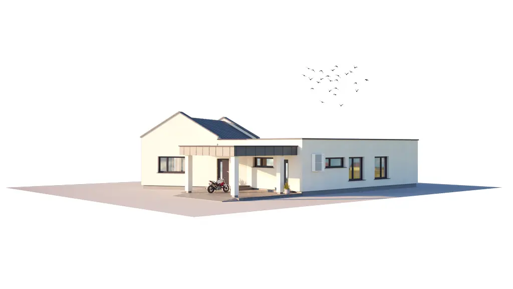 Vieno aukšto namo projektas 150 m²: 3 Miegamieji, 1 Vonios, Atvira virtuvė, be Garažo