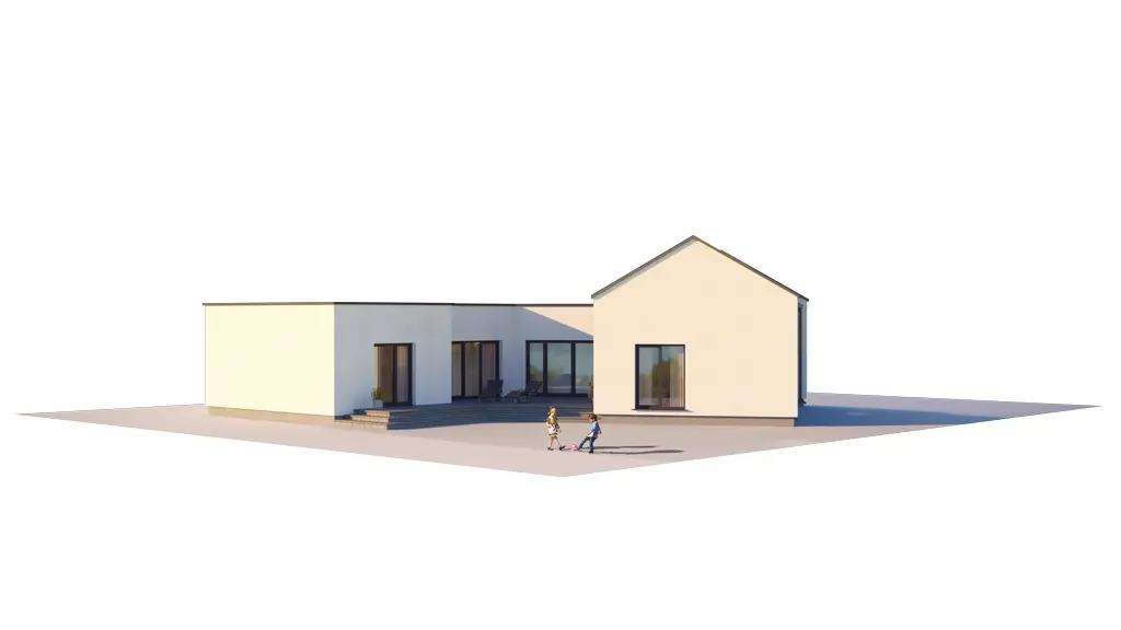 Vieno aukšto namo projektas 150 m²: 3 Miegamieji, 1 Vonios, Atvira virtuvė, be Garažo