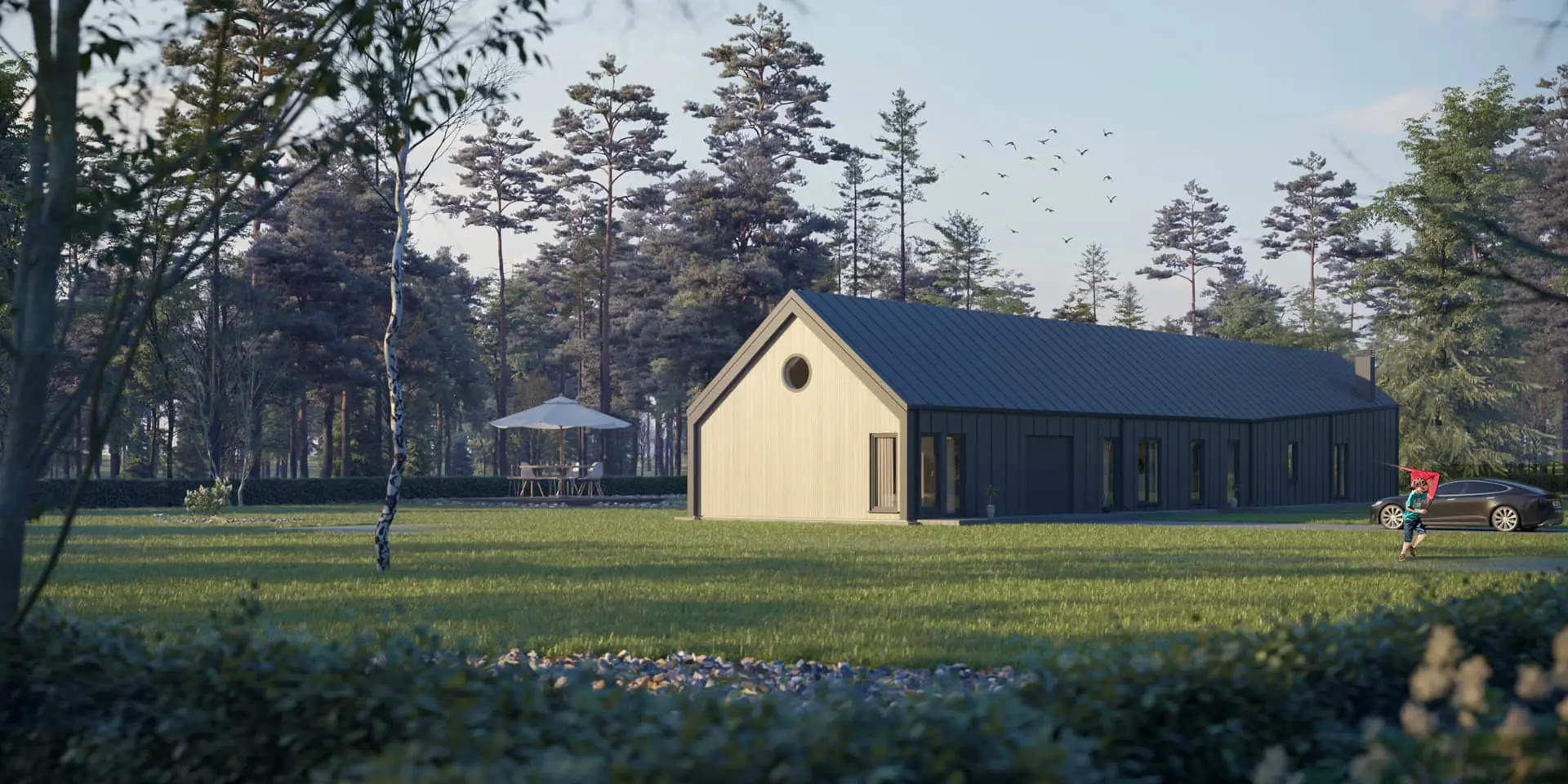 Vieno aukšto namo projektas 261 m²: 3 Miegamieji, Darbo kambarys, 4 Vonios, Atvira virtuvė, Garažas