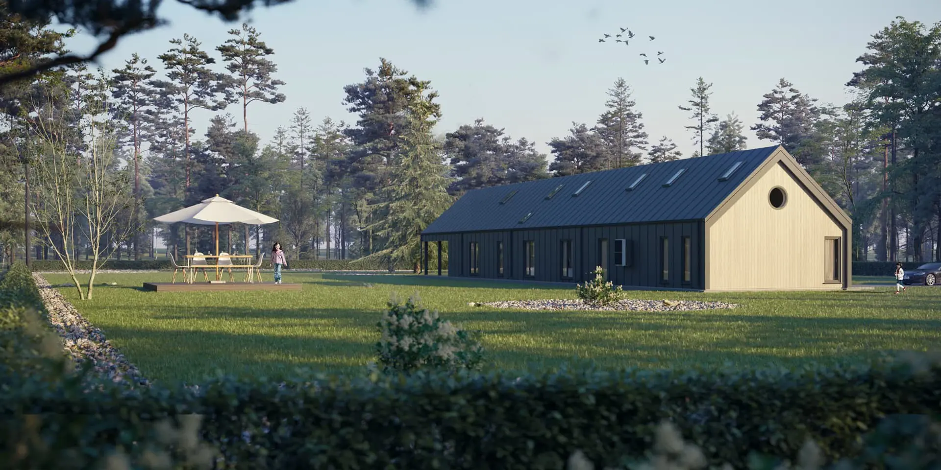 Vieno aukšto namo projektas 261 m²: 3 Miegamieji, Darbo kambarys, 4 Vonios, Atvira virtuvė, Garažas