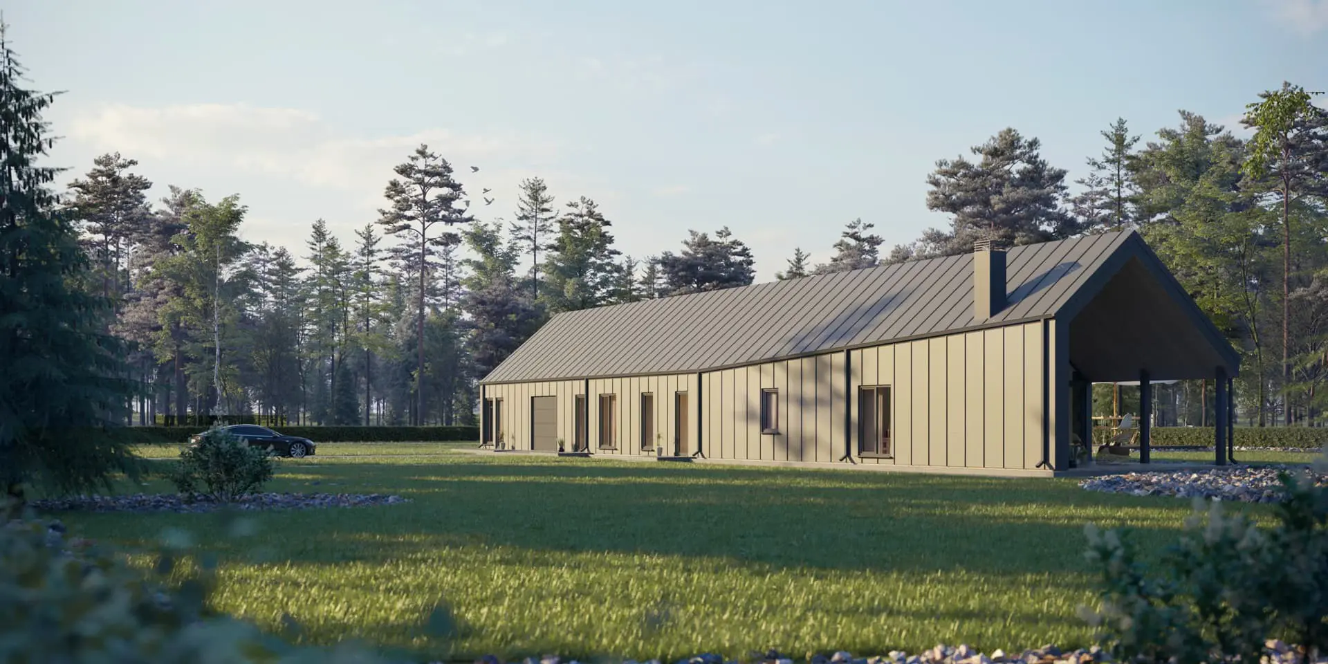 Vieno aukšto namo projektas 261 m²: 3 Miegamieji, Darbo kambarys, 4 Vonios, Atvira virtuvė, Garažas