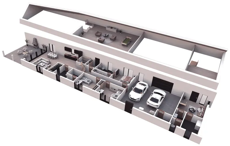 Vieno aukšto namo projektas 261 m²: 3 Miegamieji, Darbo kambarys, 4 Vonios, Atvira virtuvė, Garažas