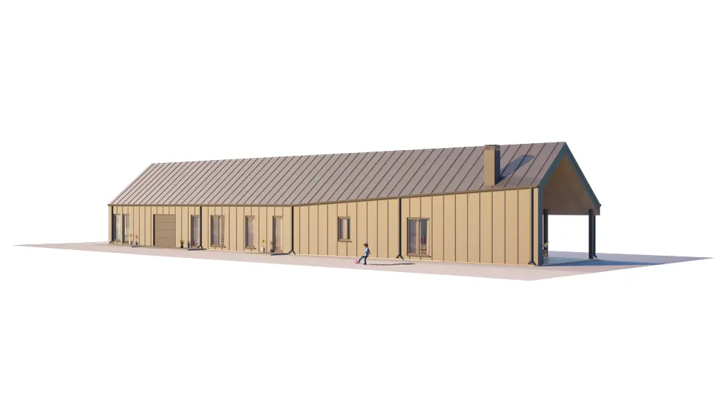 Vieno aukšto namo projektas 261 m²: 3 Miegamieji, Darbo kambarys, 4 Vonios, Atvira virtuvė, Garažas