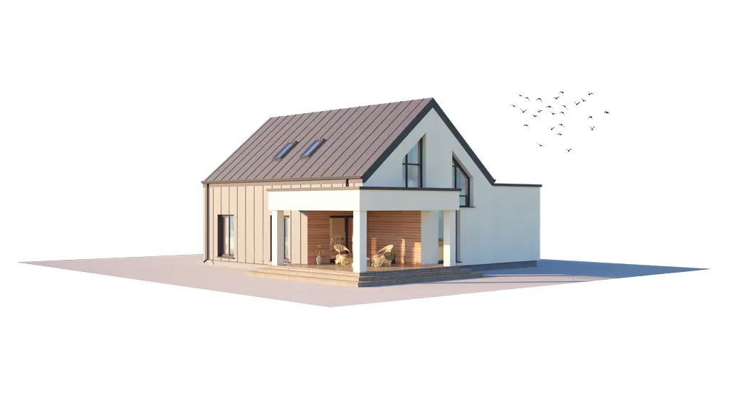 Namo projektas su mansarda 172 m²: 3 Miegamieji, Darbo kambarys, 2 Vonios, Atvira virtuvė, Garažas