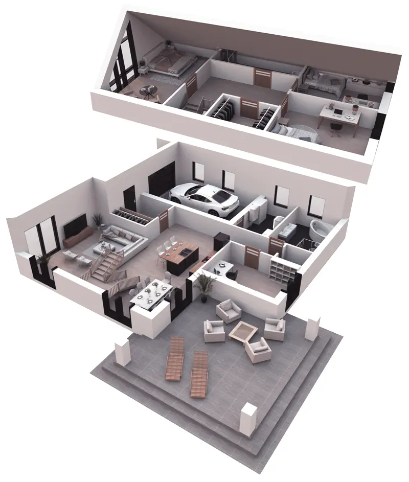 Namo projektas su mansarda 172 m²: 3 Miegamieji, Darbo kambarys, 2 Vonios, Atvira virtuvė, Garažas