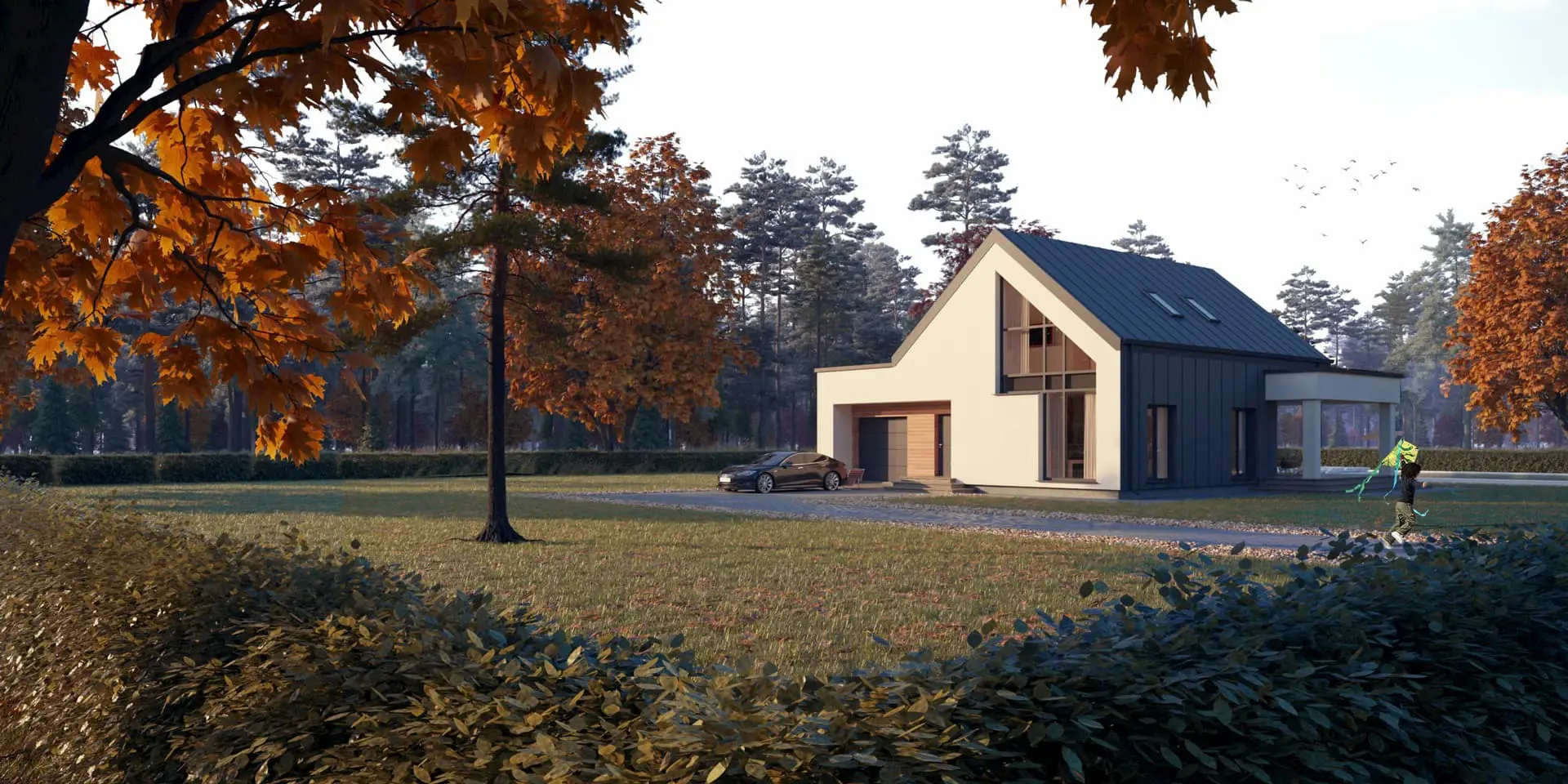 Namo projektas su mansarda 172 m²: 3 Miegamieji, Darbo kambarys, 2 Vonios, Atvira virtuvė, Garažas
