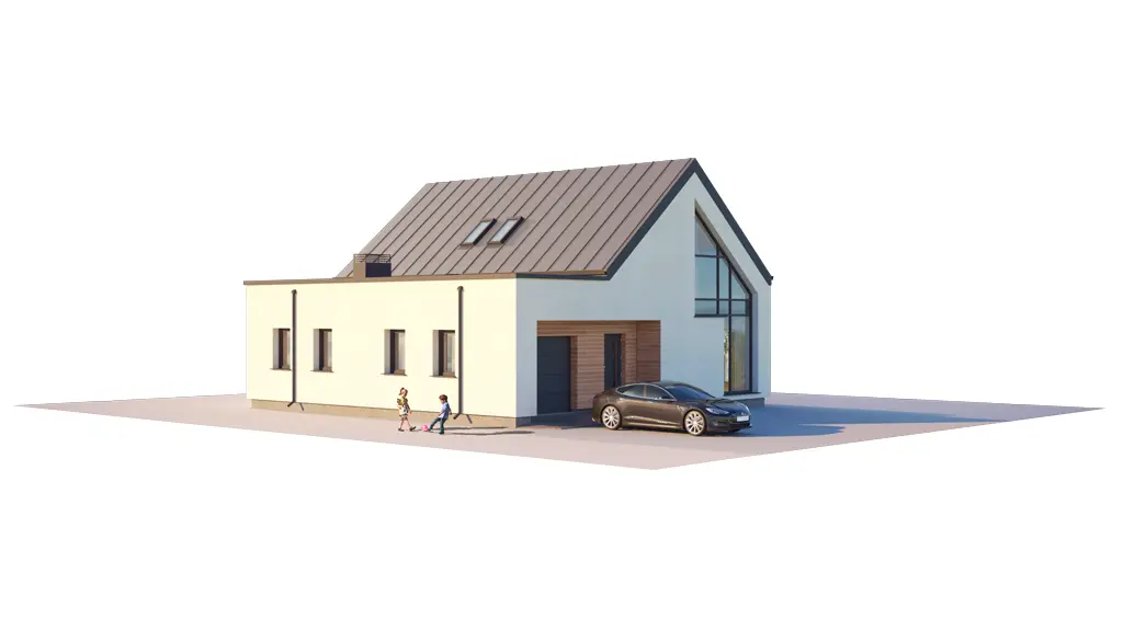 Namo projektas su mansarda 172 m²: 3 Miegamieji, Darbo kambarys, 2 Vonios, Atvira virtuvė, Garažas