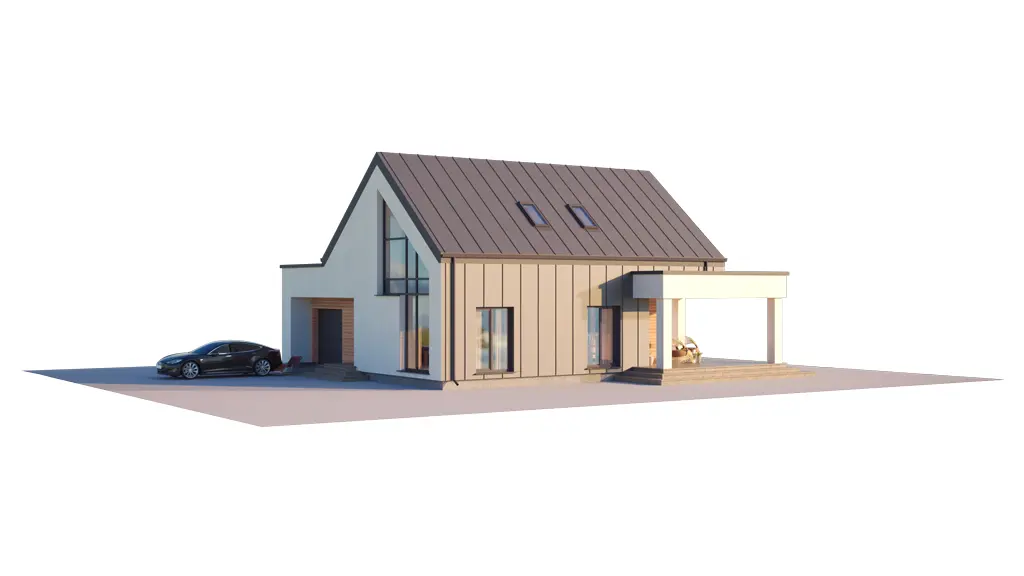 Namo projektas su mansarda 172 m²: 3 Miegamieji, Darbo kambarys, 2 Vonios, Atvira virtuvė, Garažas