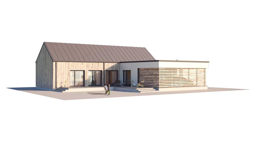 Vieno aukšto namo projektas 127 m²: 3 Miegamieji, 2 Vonios, Atvira virtuvė, be Garažo