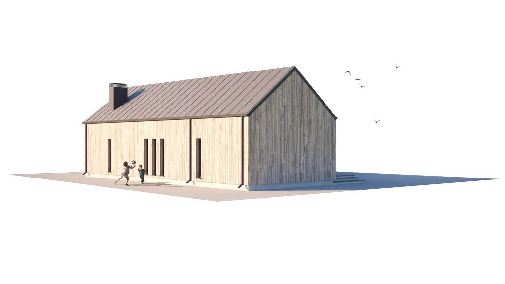Vieno aukšto namo projektas 127 m²: 3 Miegamieji, 2 Vonios, Atvira virtuvė, be Garažo