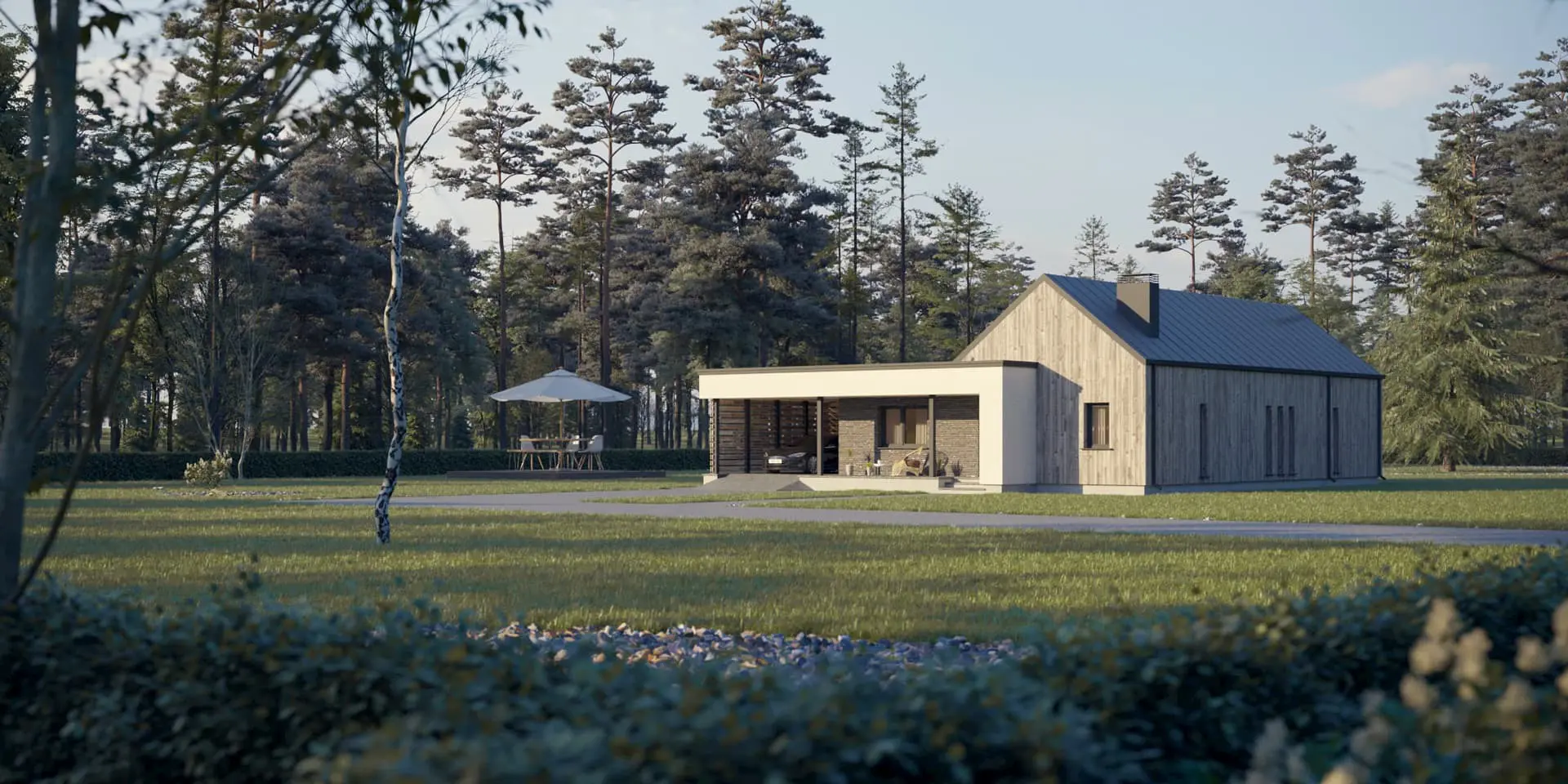 Vieno aukšto namo projektas 127 m²: 3 Miegamieji, 2 Vonios, Atvira virtuvė, be Garažo