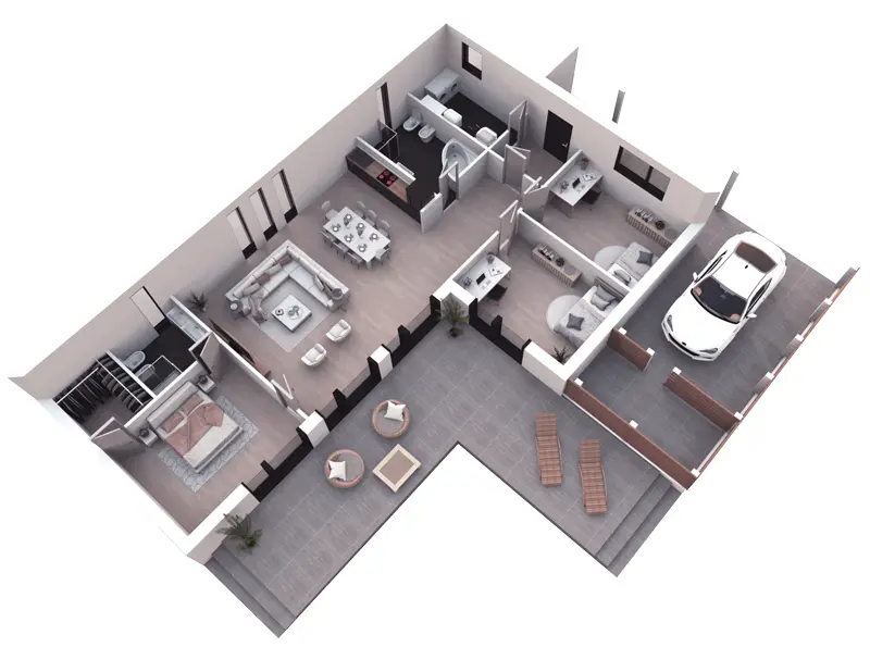 Vieno aukšto namo projektas 127 m²: 3 Miegamieji, 2 Vonios, Atvira virtuvė, be Garažo
