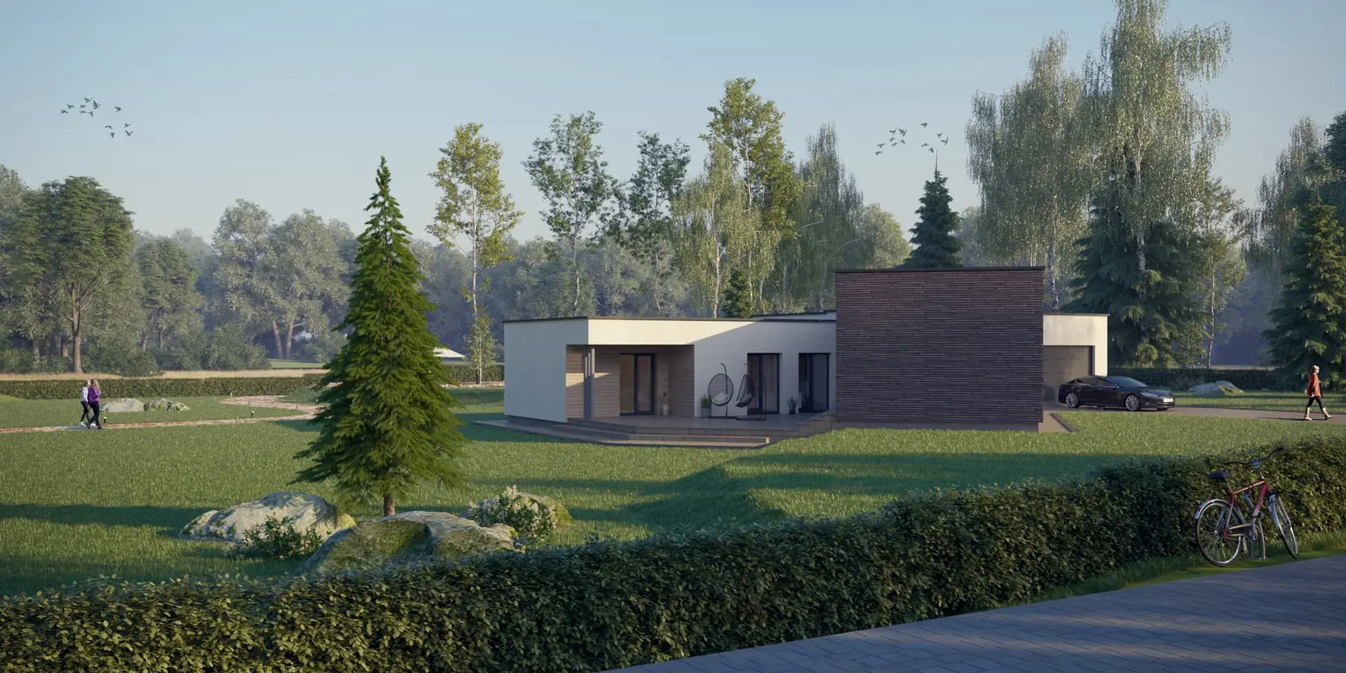 Vieno aukšto namo projektas 197 m²: 3 Miegamieji, Darbo kambarys, 2 Vonios, Atvira virtuvė, Garažas
